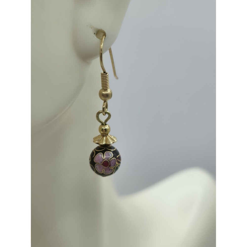Claisonne Bead Floral Dangle Earrings 1 1/2"